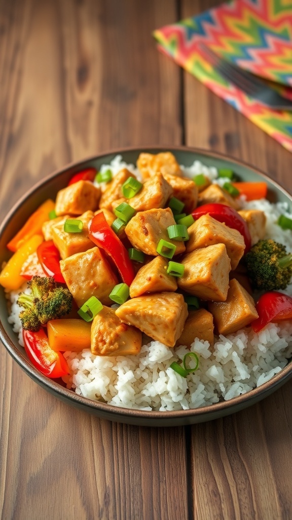 A colorful plate of juicy jumpsuit with chicken or tofu and mixed vegetables over rice, garnished with green onions.